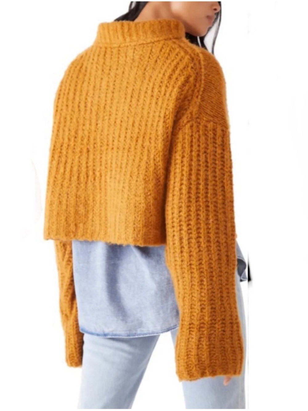 Free People LARGE Alpine Crop Mock Neck Sweater Wool Aplaca Blend in Mustard - Picture 4 of 10